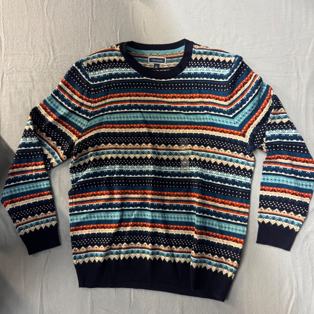Club Room Mens Fair Isle Crewneck Sweater Navy Teal Orange Multi Size XL